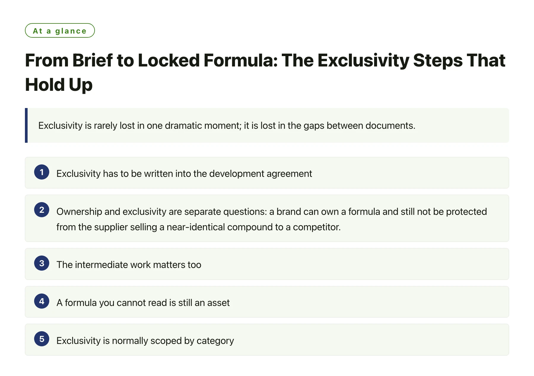 From Brief to Locked Formula: The Exclusivity Steps That Hold Up——全文要点速览