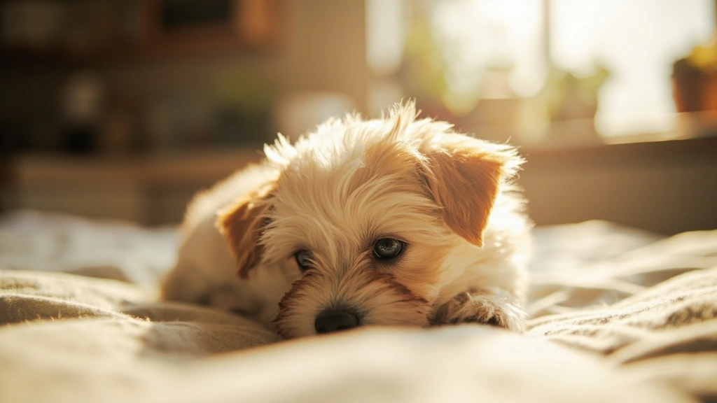 A hand-raised toy puppy resting on cream linen in a sunlit Lancaster County farmhouse