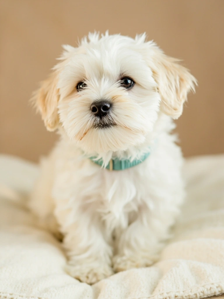 A pure white Maltese puppy sitting on a cream linen cushion