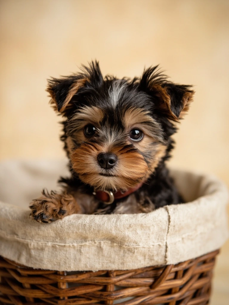 A black and tan teacup Yorkie puppy peeking from a wicker basket
