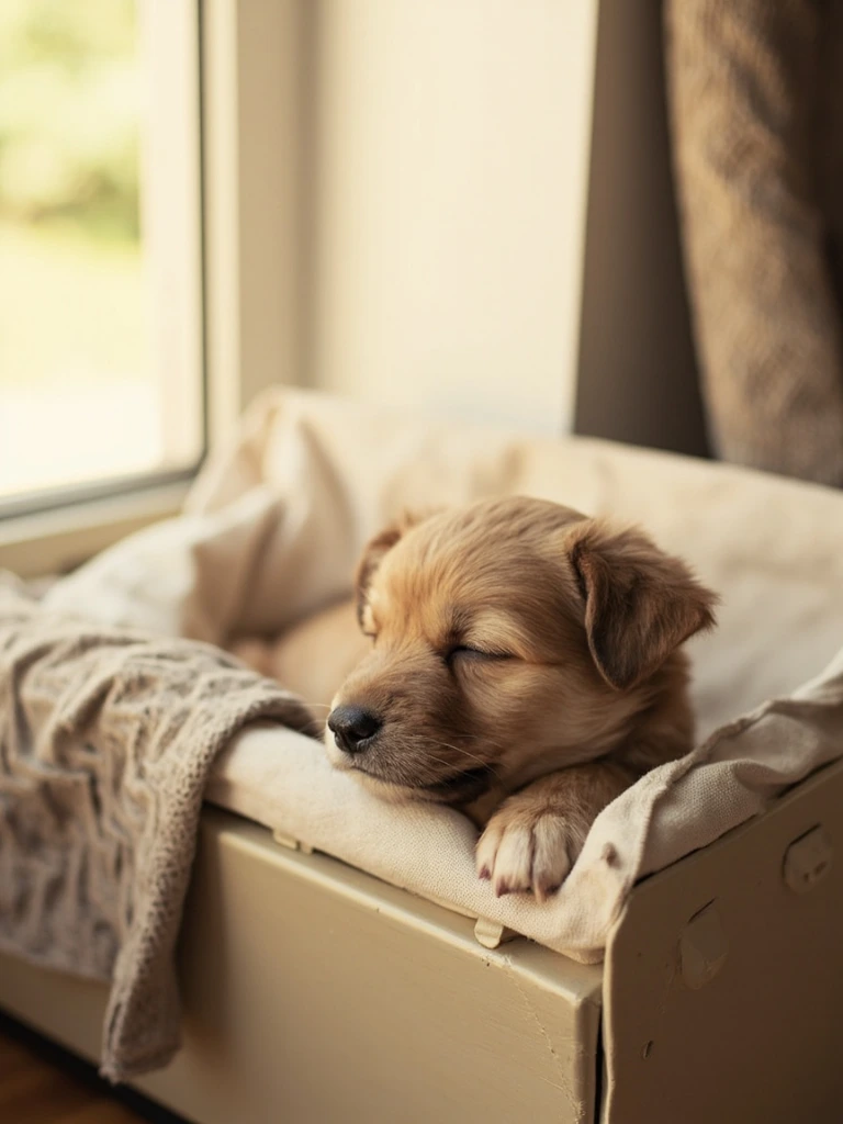 A toy puppy resting peacefully in a cream travel crate by a sunlit window